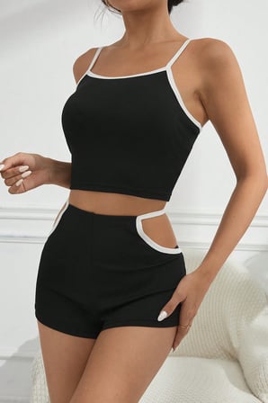 Vitaliselanfashion Kadın Siyah Beyaz Şortlu Cut-Out Detaylı Gecelik Takımı