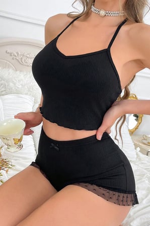 Vitaliselanfashion Kadın Siyah Kaşkorse Sırt ve Bacak Kısmı Puantiyeli Şortlu Gecelik Takım