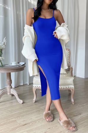Vitaliselanfashion Kadın Mavi Yırtmaçlı Diz Altı Vücüdu Saran Gecelik