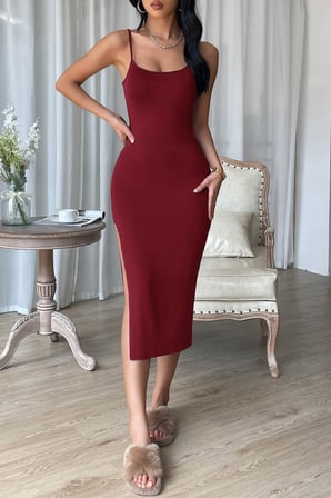 Vitaliselanfashion Kadın Bordo Yırtmaçlı Diz Altı Vücüdu Saran Gecelik