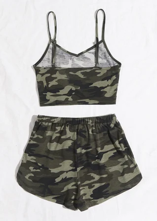 Vitaliselanfashion Kadın Kamuflaj Desenli Askılı Crop Top ve Şortlu Gecelik Takım