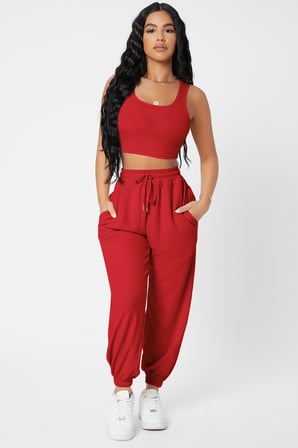 Vitaliselanfashion Kadın Kırmızı Kaşkorse Cepli Jogger Eşofman Altı ve Crop Top Bluz