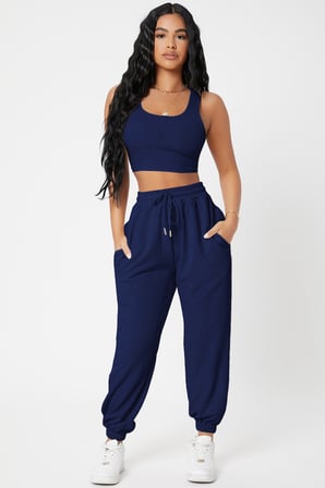 Vitaliselanfashion Kadın Lacivert Kaşkorse Cepli Jogger Eşofman Altı ve Crop Top Bluz