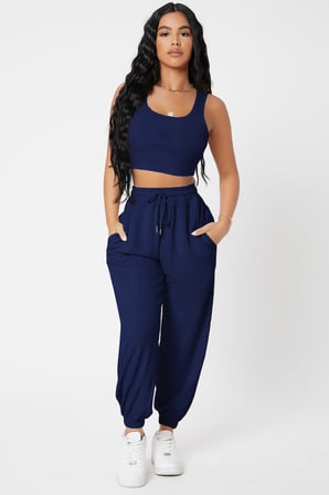 Vitaliselanfashion Kadın Lacivert Kaşkorse Cepli Jogger Eşofman Altı ve Crop Top Bluz