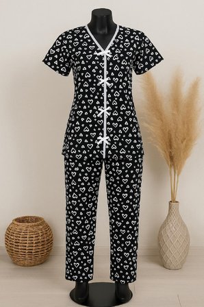 Vitaliselanfashion Kadın Siyah Beyaz Kalp Desenli Fiyonklu Kısa Kollu Pijama Takımı