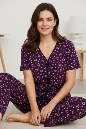 Vitaliselanfashion Kadın Mor Kalp Desenli Fiyonklu Kısa Kollu Uzun Pijama Takımı