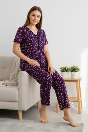 Vitaliselanfashion Kadın Mor Kalp Desenli Fiyonklu Kısa Kollu Uzun Pijama Takımı