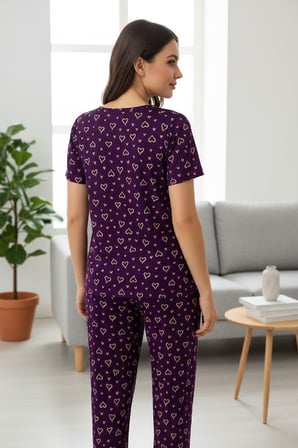 Vitaliselanfashion Kadın Mor Kalp Desenli Fiyonklu Kısa Kollu Uzun Pijama Takımı