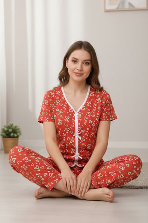 Vitaliselanfashion Kadın Turuncu Kalp Desenli Fiyonklu Kısa Kollu Uzun Pijama Takımı