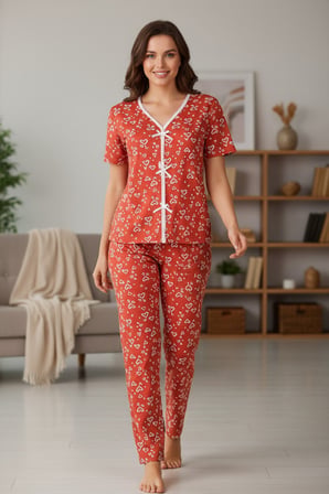 Vitaliselanfashion Kadın Turuncu Kalp Desenli Fiyonklu Kısa Kollu Uzun Pijama Takımı