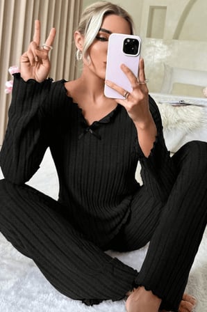 Vitaliselanfashion Kadın Siyah Uzun Kollu Fiyonklu Yuvarlak Yaka Mevsimlik Pijama Takımı