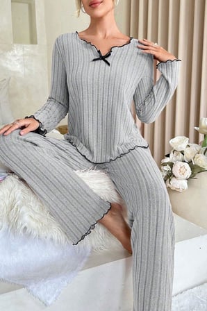 Vitaliselanfashion Kadın Gri Çizgili Uzun Kollu Fiyonk Detaylı Pijama Takımı Rahat Mevsimlik