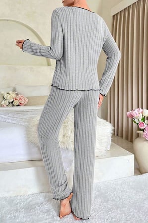 Vitaliselanfashion Kadın Gri Çizgili Uzun Kollu Fiyonk Detaylı Pijama Takımı Rahat Mevsimlik