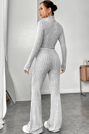 Vitaliselanfashion Kadın Gri Çizgili Boğazlı Crop Top ve Yüksek Bel Pantolon Takım