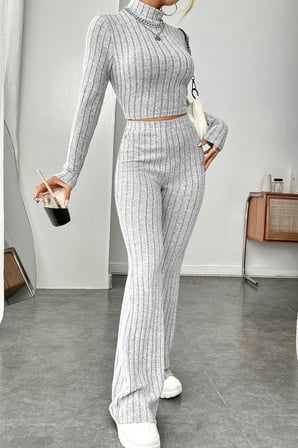 Vitaliselanfashion Kadın Gri Çizgili Boğazlı Crop Top ve Yüksek Bel Pantolon Takım