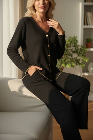 Vitaliselanfashion Premium Kadın Fitilli Pijama Takımı – Siyah Gold Biye Detaylı, Yumuşak Dokulu Ev Şıklığı