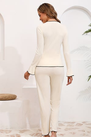 Vitaliselanfashion Kadın Ekru Fitilli Şık Pijama Takımı – Fiyonk Detaylı Rahat Ev Giyim Seti