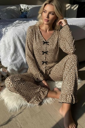 Vitaliselanfashion Kadın Uzun Kollu Leopar Desenli Fiyonklu Ev Giyim Pijama Takımı