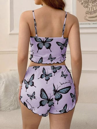Vitaliselanfashion Mor Renk Kelebek Desenli Şortlu Ev Giyim Takımı,Kadın Yazlık Askılı Pijama, Rahat ve Şık Ev Giyim