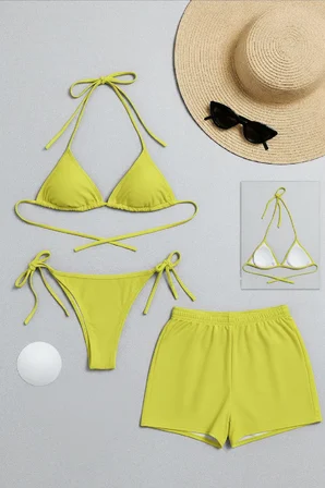 Vitaliselanfashion Kadın 3'lü Set Fosforlu Şortlu ve Yandan Bağlamalı Bikini Mayo Takımı