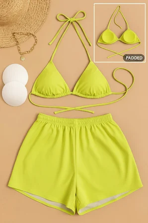 Vitaliselanfashion Kadın 3'lü Set Fosforlu Şortlu ve Yandan Bağlamalı Bikini Mayo Takımı