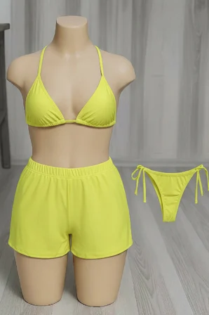Vitaliselanfashion Kadın 3'lü Set Fosforlu Şortlu ve Yandan Bağlamalı Bikini Mayo Takımı