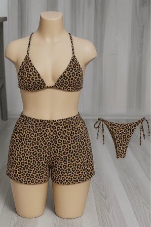 Vitaliselanfashion Kadın 3'lü Set Leopar Desenli Şortlu ve Yandan Bağlamalı Bikini Mayo Takımı