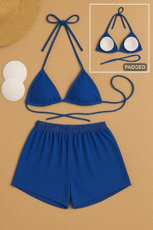 Vitaliselanfashion Kadın Mavi Şortlu Belden ve Boyundan Bağlamalı Bikini Takımı