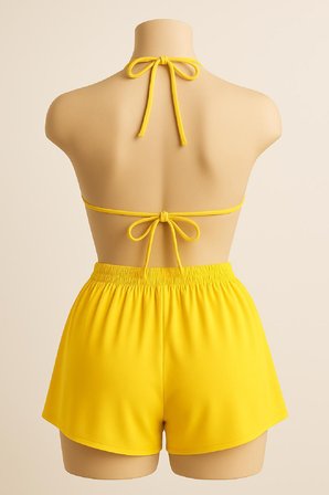 Vitaliselanfashion Kadın Sarı Şortlu Belden ve Boyundan Bağlamalı Bikini Takımı