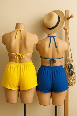 Vitaliselanfashion Kadın Sarı ve Mavi Şortlu Belden ve Boyundan Bağlamalı Bikini Takımı