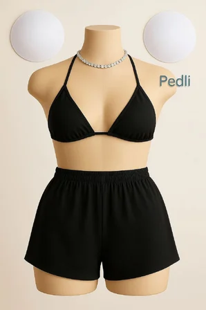 Vitaliselanfashion Kadın Siyah Şortlu Belden ve Boyundan Bağlamalı Bikini Takımı