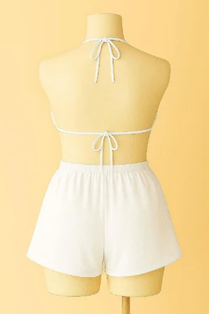 Vitaliselanfashion Kadın Beyaz Şortlu Belden ve Boyundan Bağlamalı Bikini Takımı