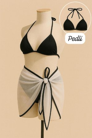 Vitaliselanfashion Kadın Siyah Beyaz Pareolu Yandan ve Boyundan Bağlamalı 3'lü Bikini Takımı