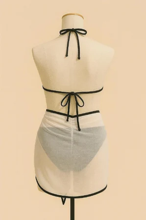 Vitaliselanfashion Kadın Siyah Beyaz Pareolu Yandan ve Boyundan Bağlamalı 3'lü Bikini Takımı