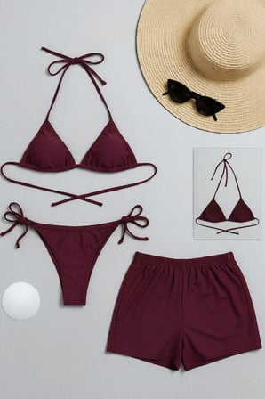 Vitaliselanfashion Kadın 3'lü Set Bordo Şortlu ve Yandan Bağlamalı Bikini Mayo Takımı