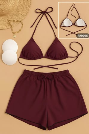 Vitaliselanfashion Kadın 3'lü Set Bordo Şortlu ve Yandan Bağlamalı Bikini Mayo Takımı