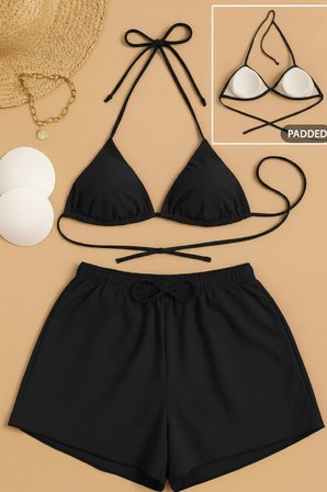 Vitaliselanfashion Kadın 3'lü Set Siyah Şortlu ve Yandan Bağlamalı Bikini Mayo Takımı