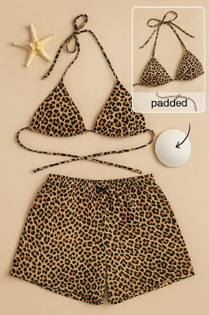 Vitaliselanfashion Kadın Leopar Desenli Şortlu Belden ve Boyundan Bağlamalı Bikini Takımı