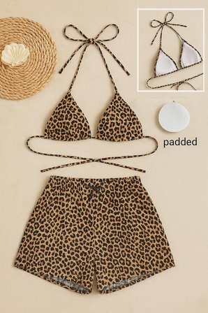 Vitaliselanfashion Kadın Leopar Desenli Şortlu Belden ve Boyundan Bağlamalı Bikini Takımı