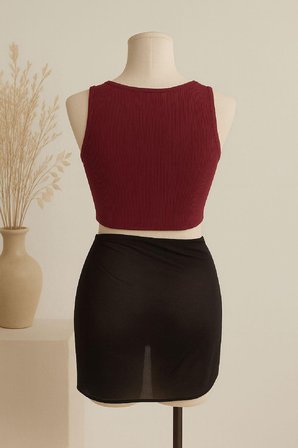 Vitaliselanfashion Kadın Bordo Yuvarlak Yaka Crop ve Siyah Pareo 2'li Set