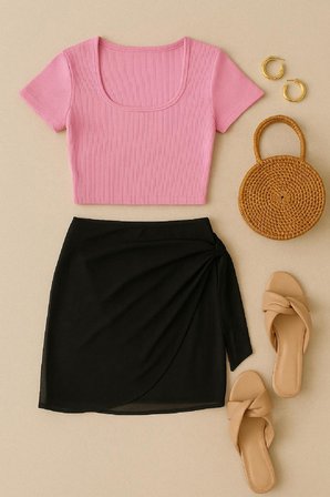 Vitaliselanfashion Kadın Pembe Yarım Kol Crop ve Siyah Pareo 2'li Set
