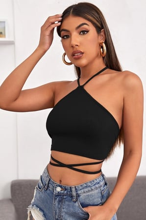 Vitaliselanfashion Kadın Siyah Sırtı Açık Boyundan Çapraz Bağlamalı Crop Top Bluz