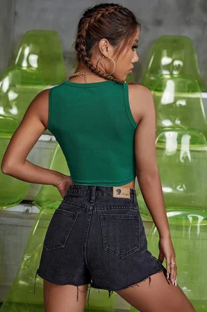 Vitaliselanfashion Kadın Yeşil Kare Yaka Crop Top Bluz