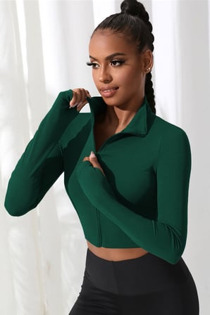 Vitaliselanfashion Kadın Yeşil Uzun Kol Fermuarlı Parmak Geçme Detaylı Dik Yaka Crop Top Bluz