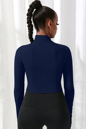 Vitaliselanfashion Kadın Lacivert Uzun Kol Fermuarlı Parmak Geçme Detaylı Dik Yaka Crop Top Bluz