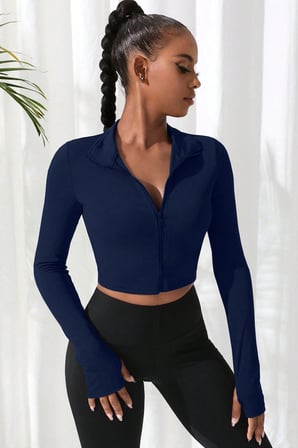 Vitaliselanfashion Kadın Lacivert Uzun Kol Fermuarlı Parmak Geçme Detaylı Dik Yaka Crop Top Bluz