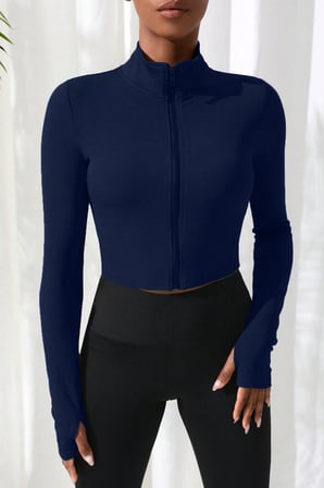 Vitaliselanfashion Kadın Lacivert Uzun Kol Fermuarlı Parmak Geçme Detaylı Dik Yaka Crop Top Bluz