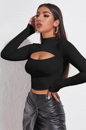 Vitaliselanfashion Kadın Siyah Göğüs Dekolteli Uzun Kollu Cut Out Crop Top Bluz