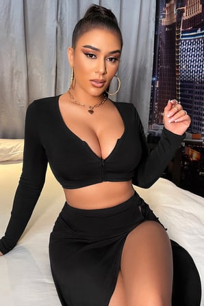 Vitaliselanfashion Kadın Siyah Uzun Kol Göğüs ve Göbek Dekolteli Fermuarlı Crop Top Bluz