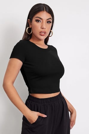 Vitaliselanfashion Kadın Siyah Yuvarlak Yaka Yarım Kol Crop Top Bluz